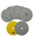 Seven-piece set of Four Inch Dry Diamond Polishing Pads Grit 100 for granite, marble, stone; includes flexible sanding pads.