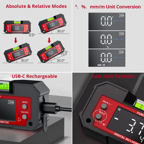 Dual Axis Digital Angle Finder With Magnetic Base For Woodworking And Table Saw Setup Pro Grade Inclinometer with LED display and USB-C.
