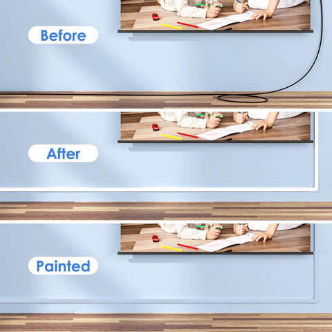 Image showing before and after use of One Cord Cable Concealer Kit For 113 Inch Wall Hider Easy Setup Cable Covers For Two Small Wires.