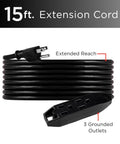 Beefy Triple Outlet 15 Ft Indoor Extension Cord 16 Gauge Grounded Power Strip With Three Prong Outlets ETL Listed Black 125V 13A