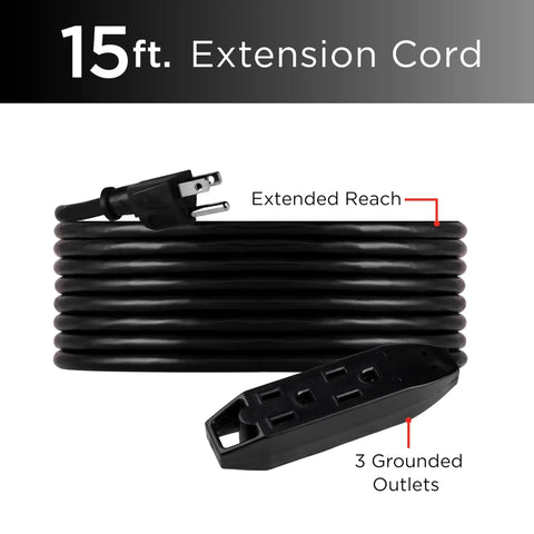 Beefy Triple Outlet 15 Ft Indoor Extension Cord 16 Gauge Grounded Power Strip With Three Prong Outlets ETL Listed Black 125V 13A