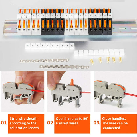 Must Have DIN Rail Terminal Blocks Kit With 20 Universal Compact Connectors 2 Connection Bars 2 Marker Strips 2 End Blocks 20 Screws And Transparent Storage Box For 28 12 AWG Wiring Do It Yourself Pro Grade Electrical Setup shown with installation steps.