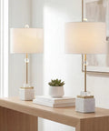 30 Inch White Marble And Brass Gold LED Table Lamp Set Of 2 Modern Glam Crystal Pedestal Lamps For Living Room Or Bedroom White Linen Shade Energy Efficient LED Bulbs Included on wooden console