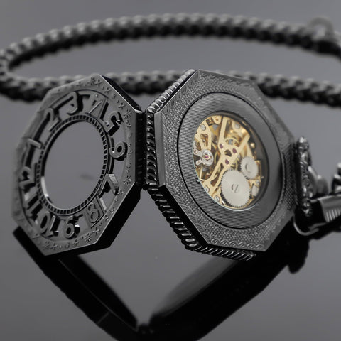 Vintage Hand Winding Mechanical Pocket Watch For Men With Chain And Gift Box, Black Finish, open view of gears