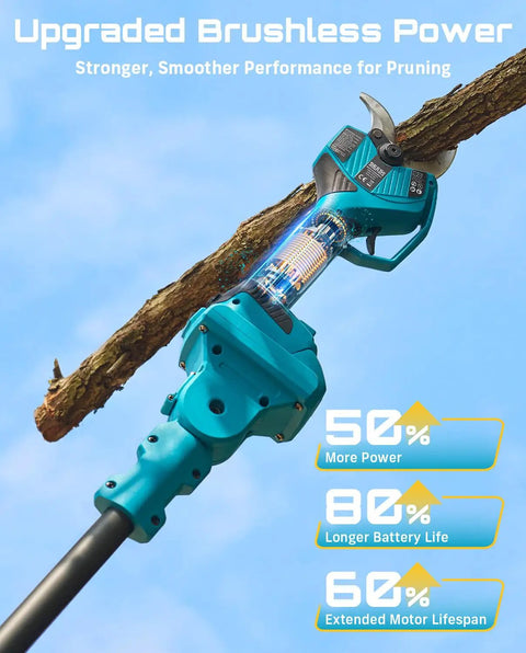 2 In 1 Electric Pole Pruner cutting branch with upgraded brushless motor, showcasing power, battery life, and motor lifespan benefits.
