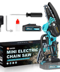 Mini Cordless Chainsaw Portable Electric Handheld Pruning Saw with battery, charger, and accessories kit.