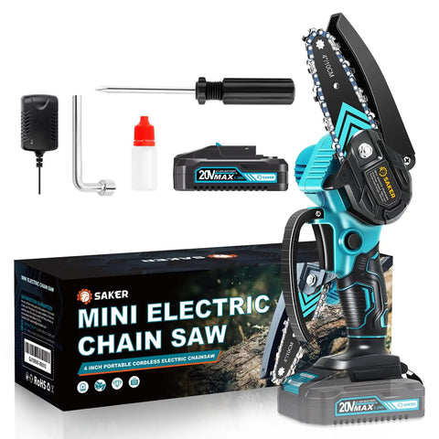 Mini Cordless Chainsaw Portable Electric Handheld Pruning Saw with battery, charger, and accessories kit.