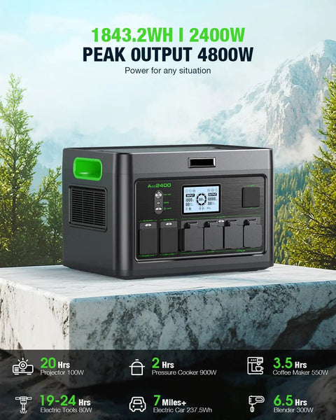 Heavy Hitter 2400W Portable Power Station With 1843Wh Battery Capacity And Dual 200W Solar Panels For Off Grid Camping And Whole Home Backup Take Charge, displayed on stone with mountains.