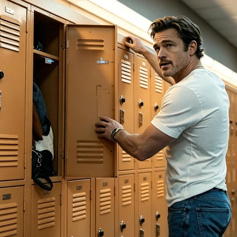Person using beige locker, holds door handle in hallway, casual attire.