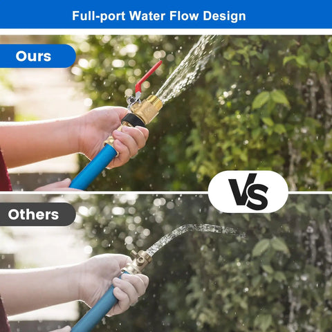 Comparison of Heavy Duty Garden Hose Shut Off Valve 3/4 GHT Quick Shut Off Ball Valve with and without full-port water flow design