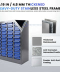 40-Drawer Bolt Bin Organizer Cabinet With ABS Drawers, heavy-duty metal cabinet showing blue drawers and thick steel frame details