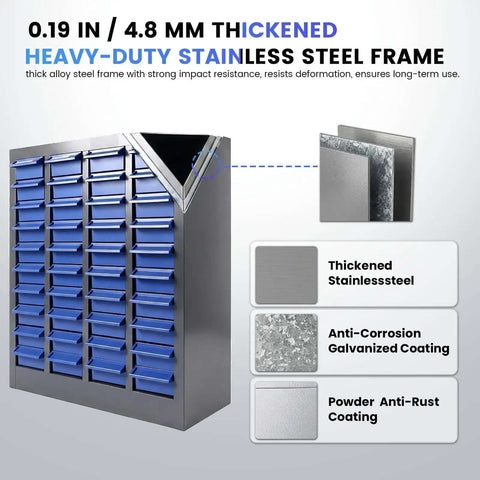 40-Drawer Bolt Bin Organizer Cabinet With ABS Drawers, heavy-duty metal cabinet showing blue drawers and thick steel frame details