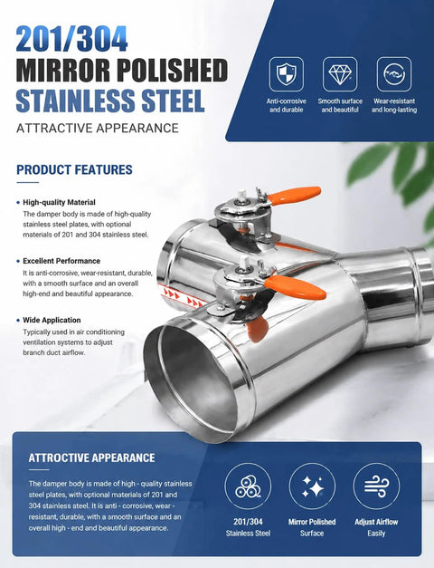 Premium Stainless Steel Air Duct Damper Featuring A Sharp Three Way Adjustable Backdraft Valve For Zero Sweat Exhaust Fan Ventilation And Pro Level Hvac Setup, showing polished stainless steel design.