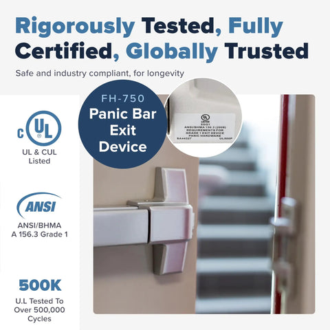 Heavy Duty Push Bar Panic Exit Device For Commercial Doors, Silver Finish, UL Listed Grade 1, ADA Compliant FS-750 close-up