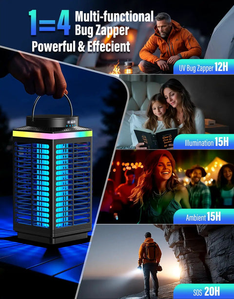 Outdoor Cordless Mosquito Zapper With 4200V Electric Grid And LED Blue Light 3 In 1 Portable Rechargeable Zapper Waterproof IP67 shown in various uses