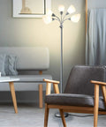 Five Head Medusa Floor Lamp With Large Frosted Shade No Fuss Adjustable Gooseneck Reading Lights in living room setting