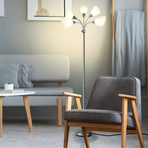Five Head Medusa Floor Lamp With Large Frosted Shade No Fuss Adjustable Gooseneck Reading Lights in living room setting