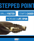 Front view of Drill America cobalt stepped-point drill bit set in round case with gold oxide finish.