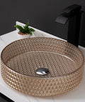 Bathroom Vessel Sink Crystal Glass Vessel Bowl Sink Light Brown Round Vessel Sink with textured design on countertop.