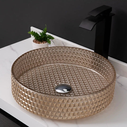 Bathroom Vessel Sink Crystal Glass Vessel Bowl Sink Light Brown Round Vessel Sink with textured design on countertop.