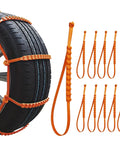 Heavy Duty Zip Tie Snow Tire Chains For Cars With Boss Level Anti Slip Grips mounted on tire, showing 10 orange straps for easy snow traction.