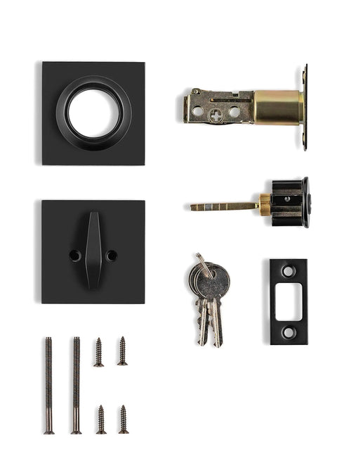 Single Cylinder Deadbolt Lock Slim Square For Front Door Built Tough High Security Heavy Duty With Thumb Turn Inside And Keyed Outside Entry In Iron Black Finish, showing components and keys
