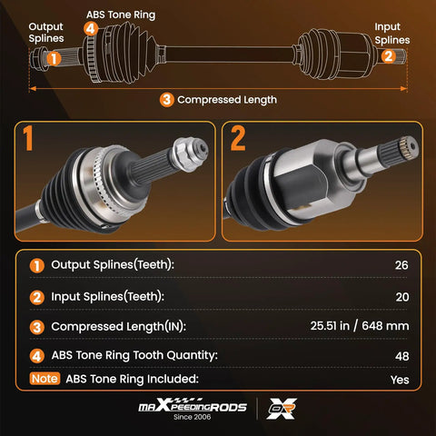 Diagram of Front Left CV Axle Shaft Assembly for Toyota Corolla 2009 2018 Matrix detailing splines, length, and ABS tone ring