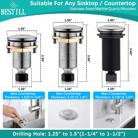Garbage Disposal Air Switch Kit With Cordless 3.6 Inch Push Button In Stainless Steel Brushed Nickel UL Listed For All Disposals Easy Install Sink Top Switch dimensions and installation guide