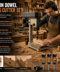 Heavy Duty Wood Tenon Plug Cutter And Three Quarter Inch Dowel Maker Drill Bit Featuring Slick Shear Angle Tips No Fuss Design Hardened Steel in use for precise wood joinery.