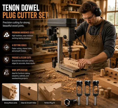 Top Tier One Inch Wood Tenon Plug Cutter With Slick Shear Angle Blade Hardened Steel Shank Built For Zero Hassle Dowel Drilling And Fast Taper Pullout On Any Weekend Shop Project, in use with a drill for precise wooden plugs.