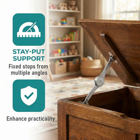 Six Pack Soft Close Lid Hinges With Hex Wrench Folding Lid Stay Hinge installed on a wooden box in a room setting.