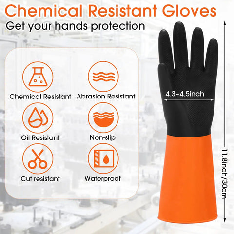 Heavy Duty Chemical Resistant Work Gloves, Waterproof Non Slip Rubber Hand Protectors, 8 Pair Set, 4.3-4.5 inch latex glove with orange cuff.