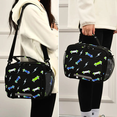 Durable Insulated Lunch Box For Kids And Teens, Lightning Bolt Theme, Kid Friendly Cooler Tote With Shoulder Strap, Reusable School Lunch Bag, 6.5L Capacity, Fits Six Packs, Black shown worn crossbody
