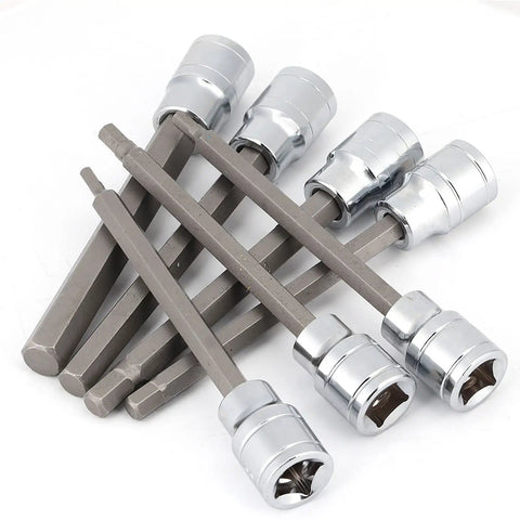 Extra Long Hex Bit Socket Set Seven Piece 3mm To 10mm Drive Repair Tool Kit In Chrome Vanadium Steel With Clear Size Identification