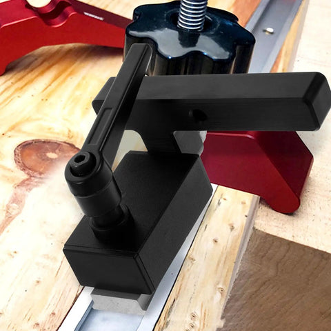 Aluminum Alloy T Track Stop Block With Ergonomic Design For Woodworking And Metalworking Type 30 Miter Track Stopper shown in use