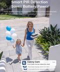 Rugged 2K Wireless Solar Security Camera For Outdoor Home Monitoring Powers Up With A Heavy Duty 5000mAh Battery showing a woman and child outdoors.