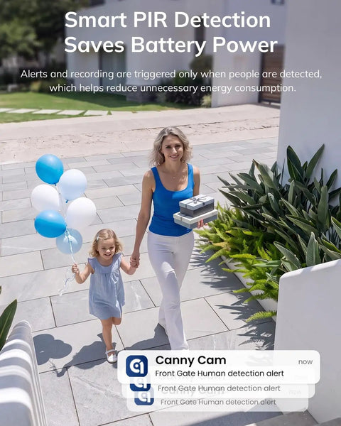 Rugged 2K Wireless Solar Security Camera For Outdoor Home Monitoring Powers Up With A Heavy Duty 5000mAh Battery showing a woman and child outdoors.