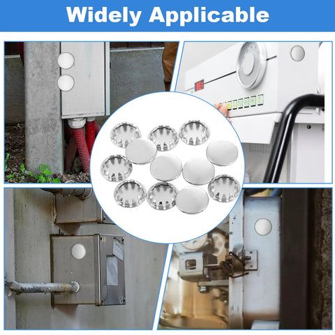 Twelve Pack Half Inch Round Stainless Steel Electrical Box Knockout Plugs For Dead Nuts Secure Panel Sealing And Unused Outlet Closure Trade Grade Heavy Duty Hole Plugs That Lock Tight With No Sweat Setup For Pro Wiring Jobs shown in various applications.