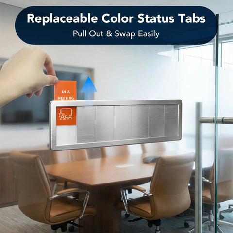 7 Zone Sliding Office Door Sign With 13 Interchangeable Messages From Do Not Disturb To In A Meeting Please Knock Recording Out Of Office And More For Private Offices And Conference Rooms Brushed Silver Patent Pending, showing 'In a Meeting' tab being inserted.