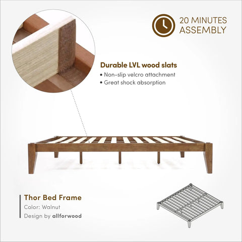 Premium King Solid Wood Bed Frame With Classic Japanese Joinery And Reinforced Wooden Slats For Rock Solid Support That Ditches The Box Spring Requirement While Providing Hassle Free Assembly For Your Cozy Bedroom Vibe In Rich Walnut showing durable LVL wood slats with non-slip velcro attachment.