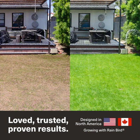 Before and after comparison of lawn with App Controlled Smart Lawn Sprinkler System With Solar Power installed.