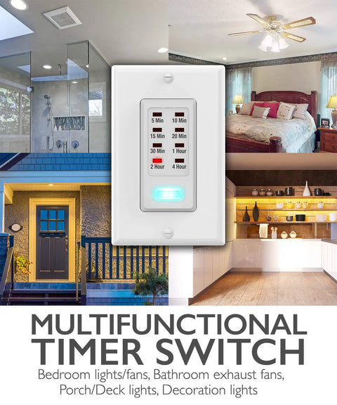 Programmable In Wall Countdown Light Timer Switch For Bathrooms And Heaters With 9 Preset Settings Including 5 10 15 20 30 Minute And 1 2 4 Hour Timers Easy Install 1875W Neutral Wire Required ETL Listed 2 Pack on white wall plate
