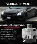 Image of a 2.5L Alternator Replacement For Nissan Altima 2007 To 2012, Sentra 2007 To 2012, Rogue 2011 To 2013 with a car background.