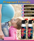 2 Pack Gender Reveal Fire Extinguisher Party Props Rad Decor For Baby Shower with two colorful canisters and a pregnant woman.