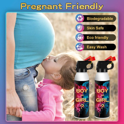 2 Pack Gender Reveal Fire Extinguisher Party Props Rad Decor For Baby Shower with two colorful canisters and a pregnant woman.