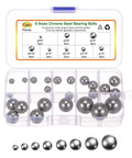 Front view: uxcell 24-piece chrome steel bearing balls in clear plastic case; sizes 1/4 to 3/4 inch, 3 pcs each.