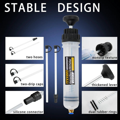 Heavy Duty 200 Cc Automotive Fluid Extractor Pump With Hose Lightweight Oil Suction Tool For Transmission And Brake Fluid Upgraded Sealed Design with hoses and drip caps.