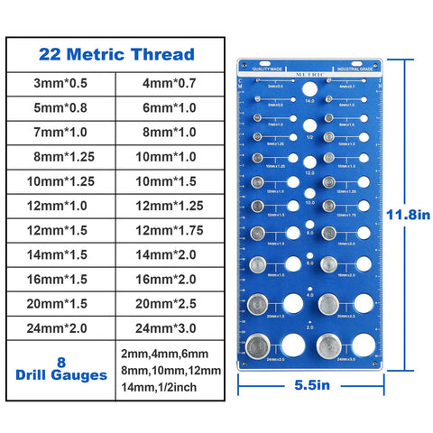 59 Nut And Bolt Thread Checker With Full Size Bolt And Nut Sizer Gauge 22 Standard And 22 Metric 15 Drill Bit Holes Wall Mount Bolt Size Finder Screw Size Chart Durable Bolt Measuring Gear showing metric threads and drill gauges.