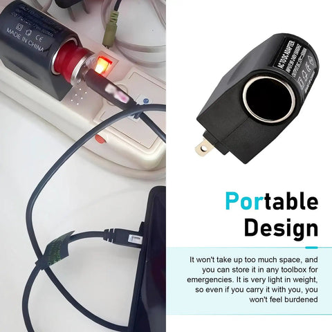 Universal AC To DC Power Converter That Brings House Current To Your Automotive Gear Straightforward Plug And Play Setup Works Like A Champ For Car Vacuums Air Pumps And Coolers In Bold Black, shown plugged in with a visible power indicator.
