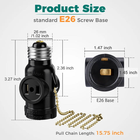 E26 To Dual Prong Outlet Adapter With Pull Chain On Off Switch For Light And Power Standard E26 Base To Two Outlet Splitter Black 2 Pack DIY Friendly Easy Install UL Listed No Wiring dimensions illustration